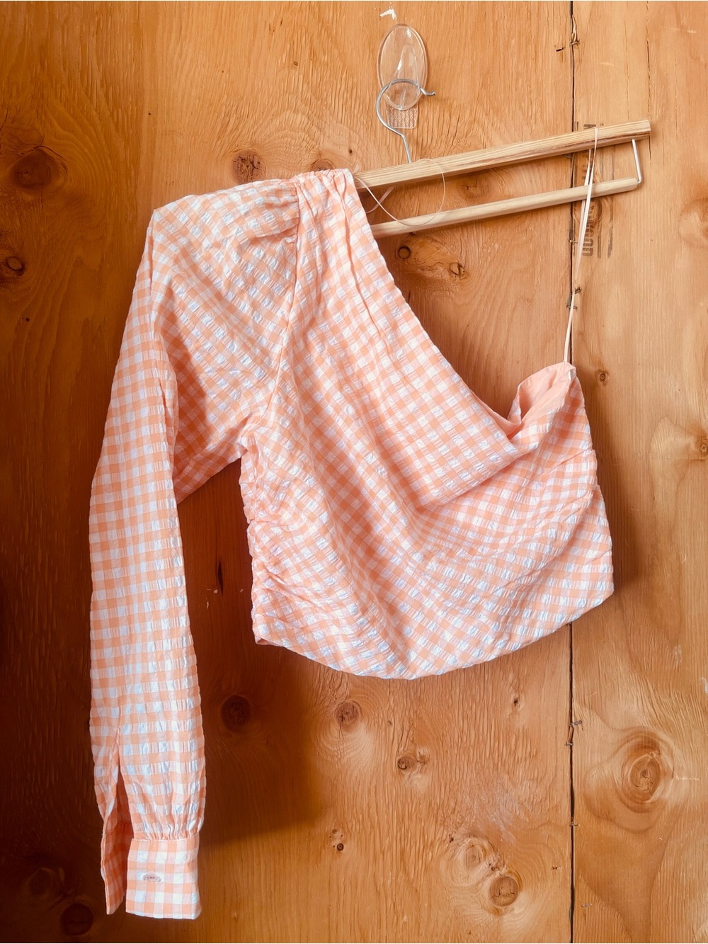 Elodie Peach Gingham One-Shoulder Crop Top